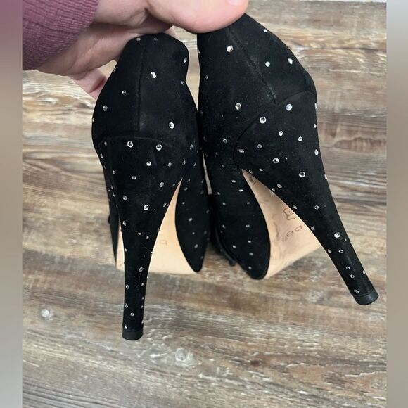 TARA SUBKOFF x BEBE Collab Swarovski Crystal & Bow Platform Peep Toe Stilettos - Picture 9 of 11